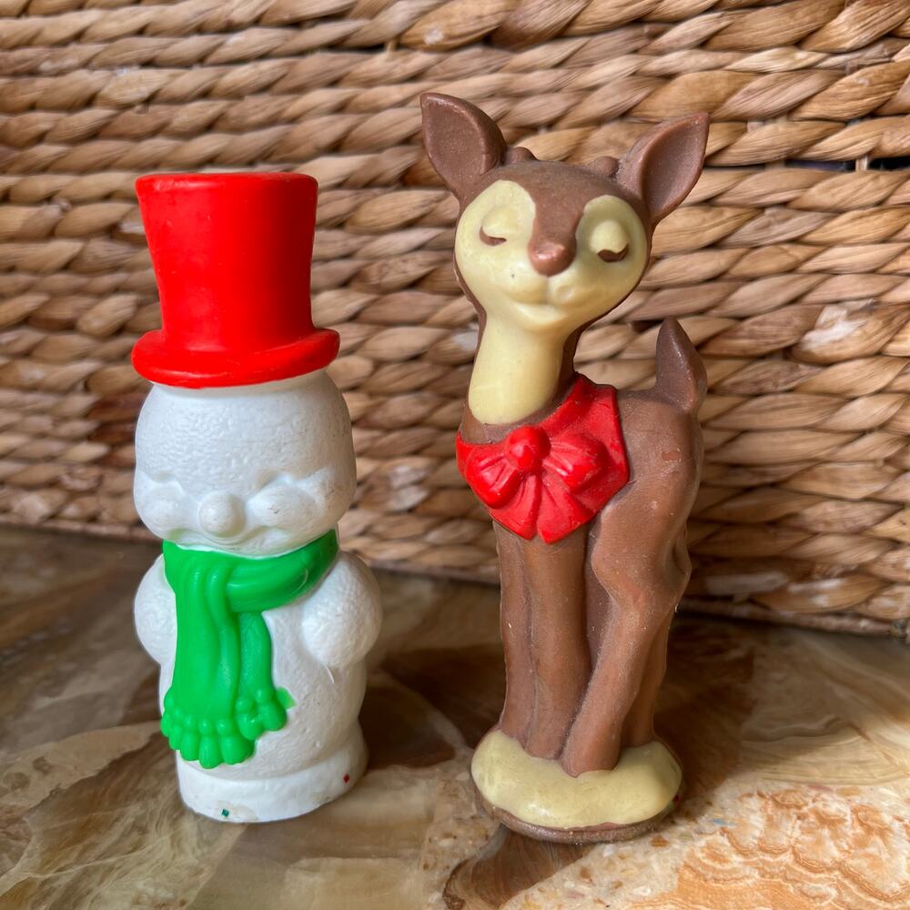Wax Snowman & Deer Vintage Decor